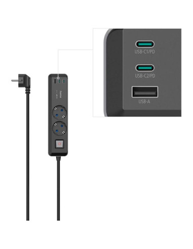Power strip HAMA 2Sockets 1xUSB-A+2XUSB-C 65W PD Switch 1.4m