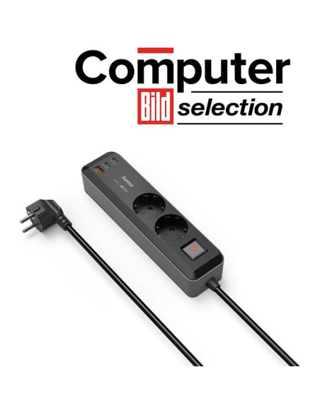Power strip HAMA 2Sockets 1xUSB-A+2XUSB-C 65W PD Switch 1.4m