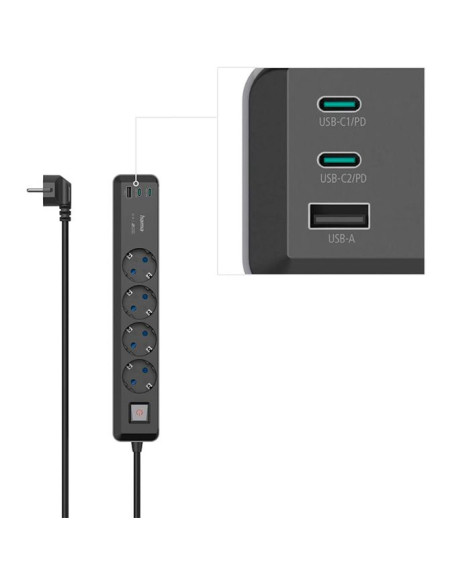 Regleta Hama 4Tomas 1xUSB-A+2XUSB-C 65W PD Interruptor 1,4m-TiendaCPU