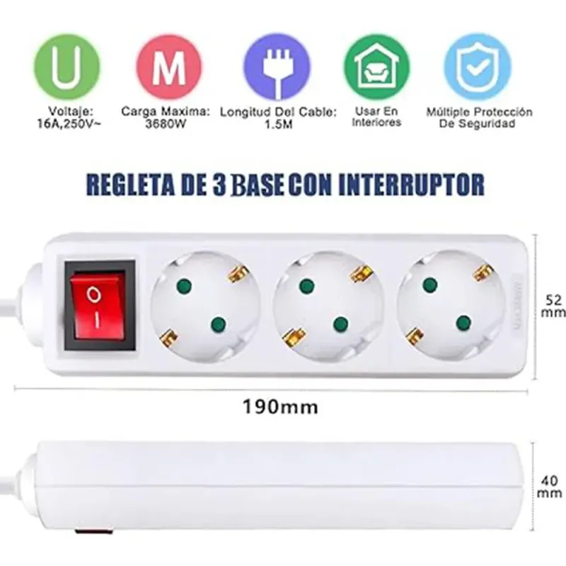 CoBprar3Regleta 3 Tomas, 1.4m, Interruptor Bipolar de Encendido/Apagad