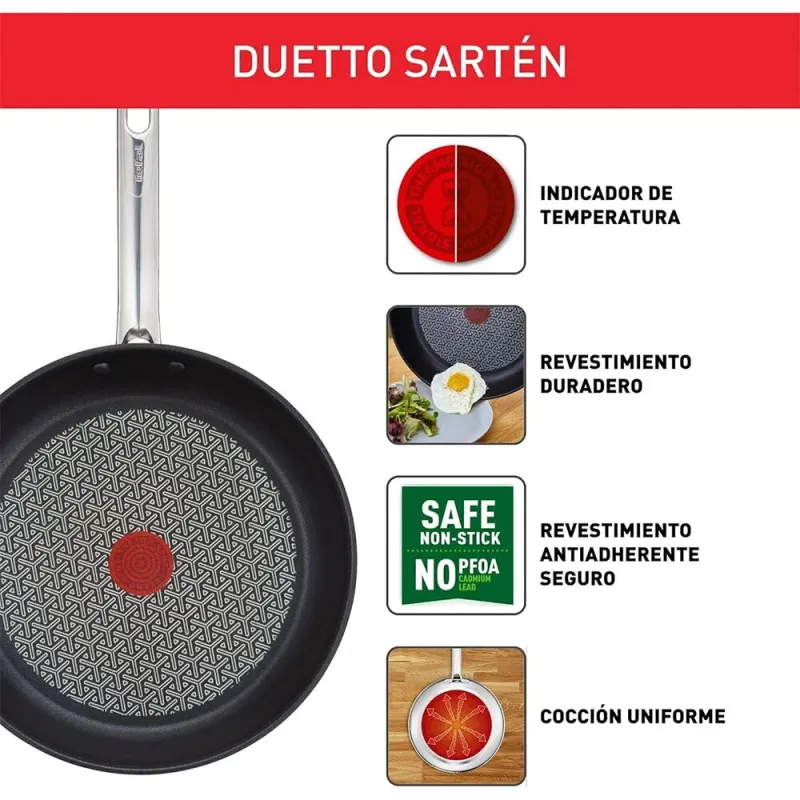 Tefal Duetto - Juego de Sartenes de 20/24/28 cm Acero Inoxidable Inducción Antiadherente