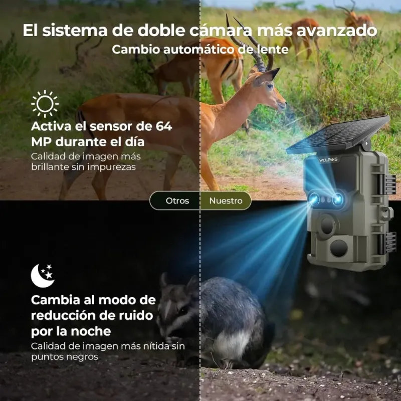 Camara Caza WOLFANG WT09 Solar Lente Dual 64MP 4K Wi Fi
