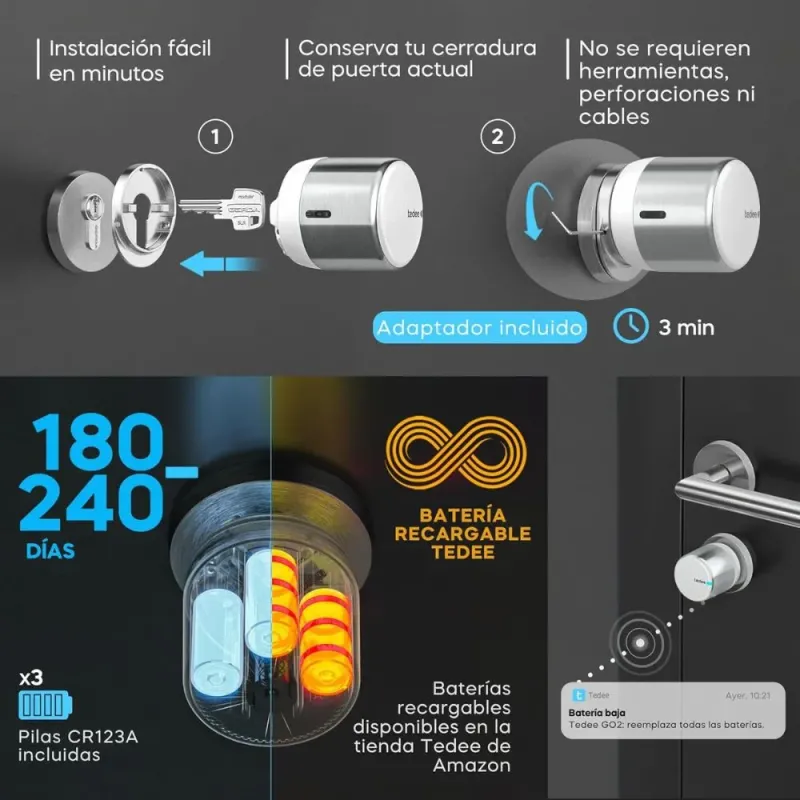 Tedee GO2 Alu Cerradura Inteligente Plata | TLV2.0 | Bluetooth, Sin Llaves, App