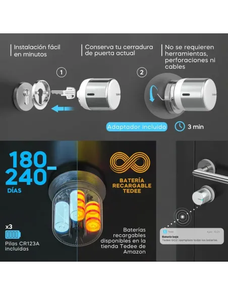 Tedee GO2 Alu Cerradura Inteligente Plata | TLV2.0 | Bluetooth, Sin Llaves, App