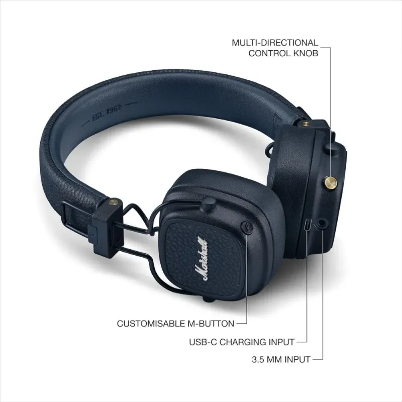 Marshall Major V Blue: Bluetooth Headphones with 100+ Hours of Battery