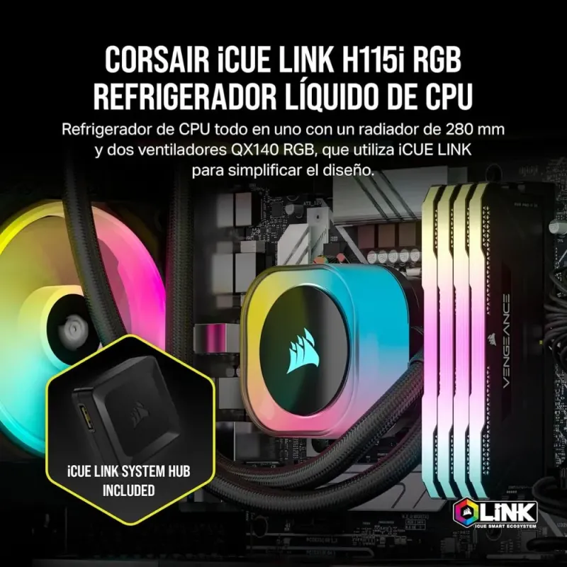 Corsair iCUE LINK H115i RGB Refrigeración Líquida CPU AIO 280mm 2x QX140 RGB Intel/AMD Negro