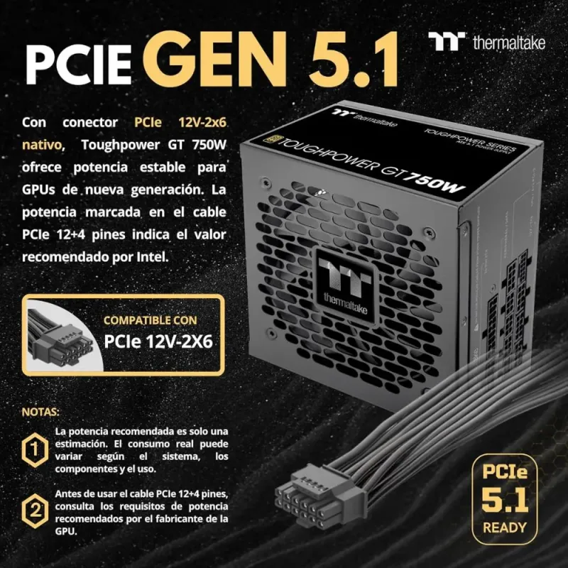 Thermaltake Toughpower GT 750W Fuente Alimentación Modular ATX 3.1 PCIe 5.1 80+ Gold Negro