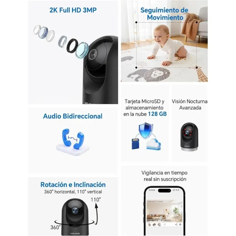WOLFANG Cámara Vigilancia Interior 2K Pack de 2 | Seguridad WiFi