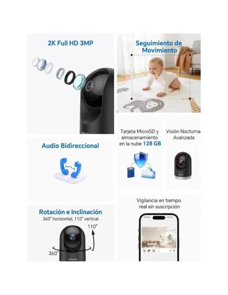 WOLFANG Cámara Vigilancia Interior 2K Pack de 2 | Seguridad WiFi