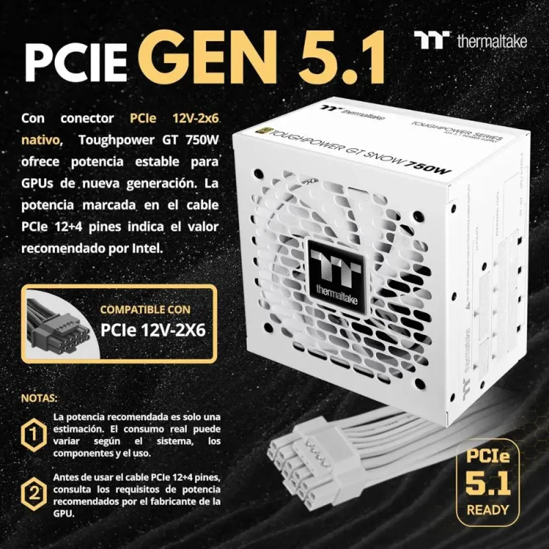 Thermaltake Toughpower GT 750W Fuente Alimentación Modular ATX 3.1 PCIe 5.1 80+ Gold Blanco