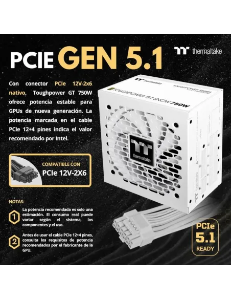Thermaltake Toughpower GT 750W Fuente Alimentación Modular ATX 3.1 PCIe 5.1 80+ Gold Blanco