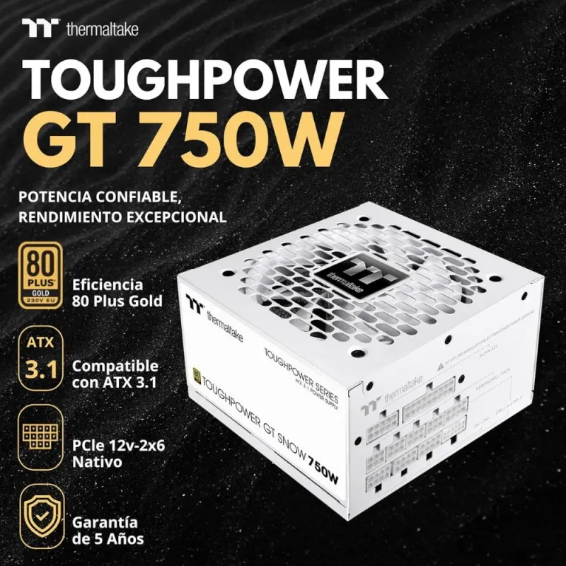 Thermaltake Toughpower GT 750W Fuente Alimentación Modular ATX 3.1 PCIe 5.1 80+ Gold Blanco