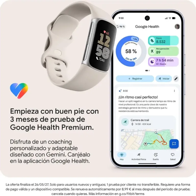 Fitbit Charge 6 Porcelain Silver: Pulsera GPS AMOLED y Google