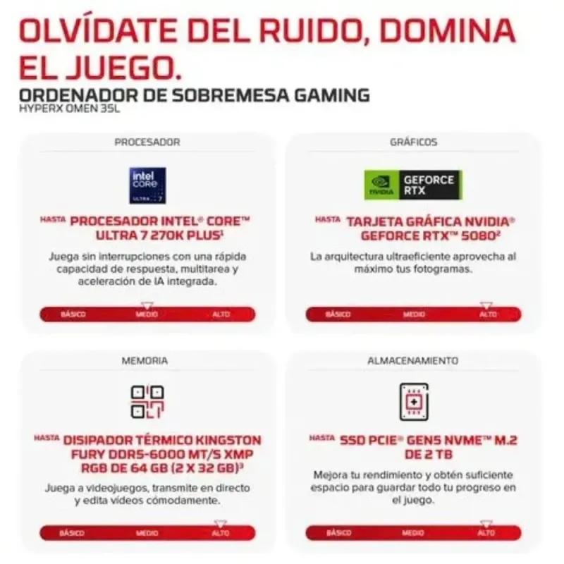HP OMEN 35L GT18-0008NS PC Gaming Torre Intel Core Ultra 9 270K 32GB RAM Kingston FURY NVIDIA GeForce RTX Windows 11 Home
